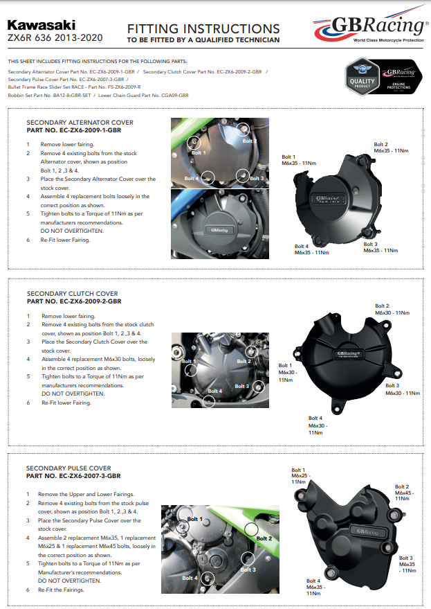 Kit complet de protections de carter moteur GBRacing pour Kawasaki ZX-6R/636/RR (13-25) 