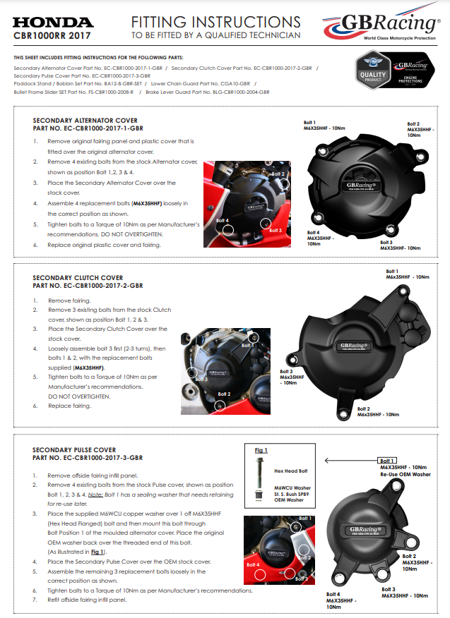Protection de l'alternateur couvercle de protection GBRacing Honda CBR 1000 RR SC77 (17-19) 