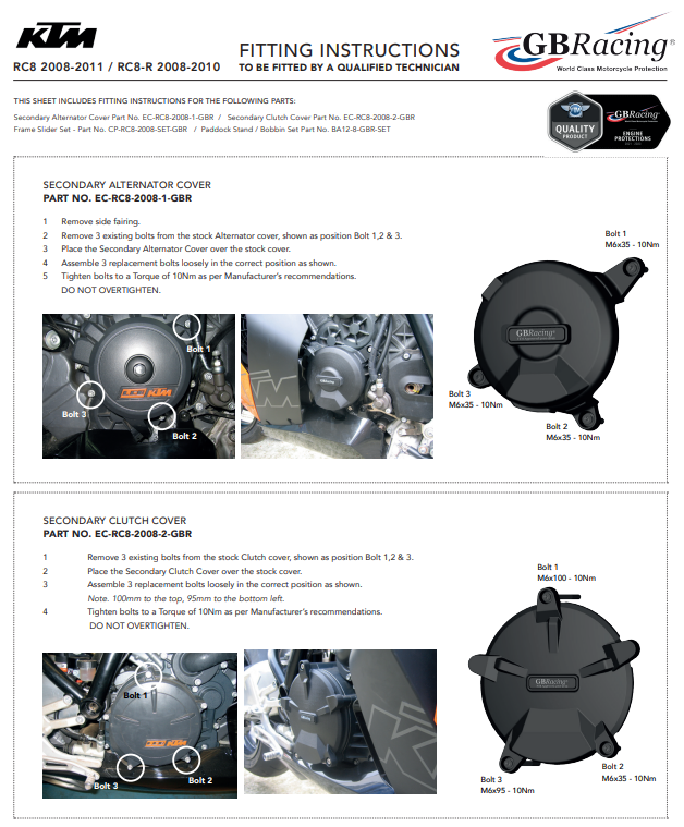 Kit complet de protections de couvercle de moteur GBRacing KTM RC8/R 1190 (08-10) 