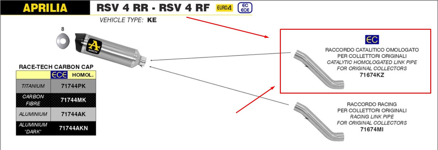 Tube intermédiaire Arrow avec catalyseur en acier inoxydable Aprilia RSV4/RR/RF (17-18) 71674KZ 