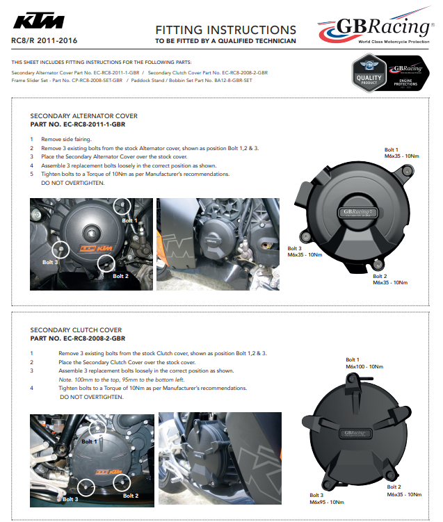 Kit complet de protections de carter moteur GBRacing KTM RC8/R 1190 (11-16) 