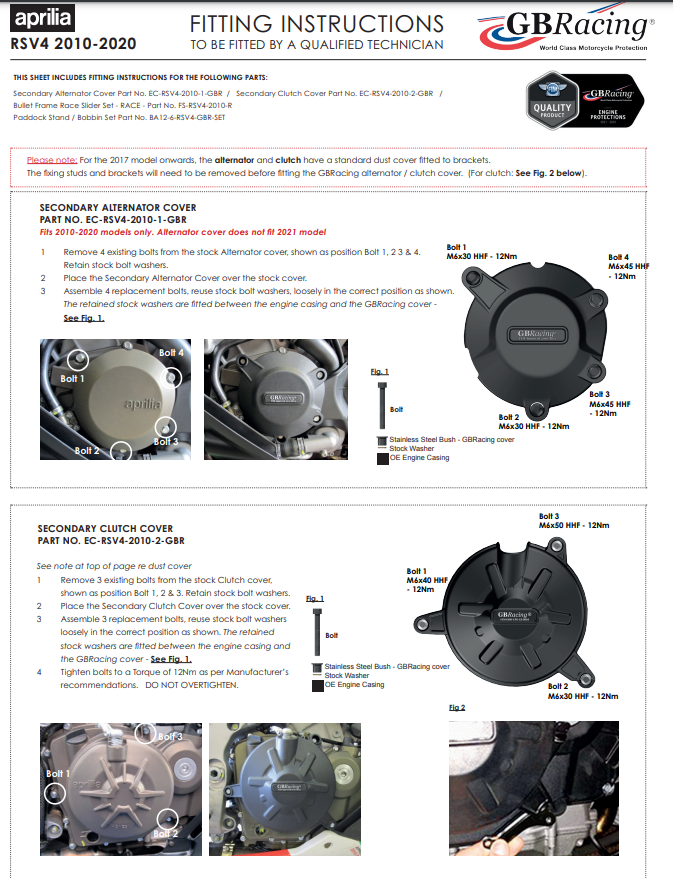 Kit complet de protections de couvercle de moteur GBRacing pour Aprilia RSV4/1100 Factory/R/RR/RF (09-20) 