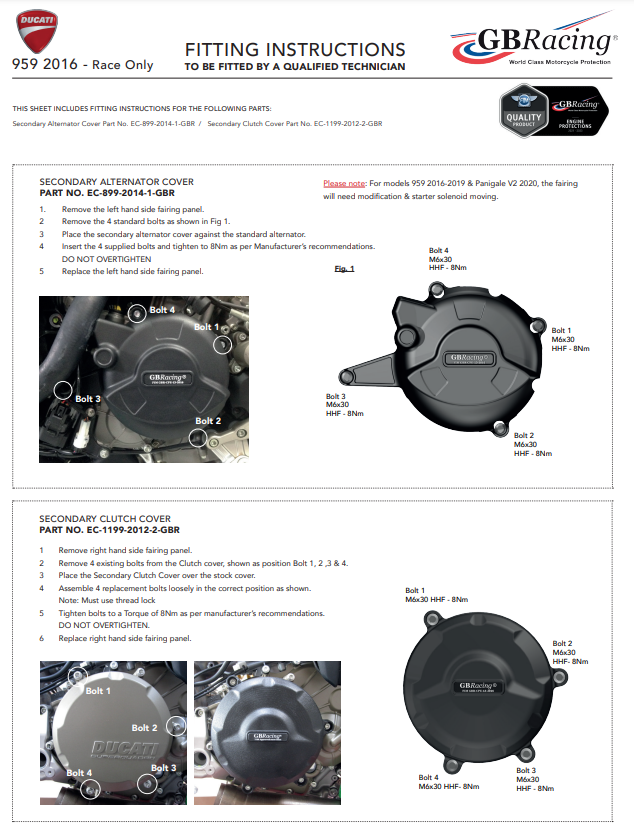 Kit complet de protections de carter moteur GBRacing pour Ducati Panigale 959 (16-19) 