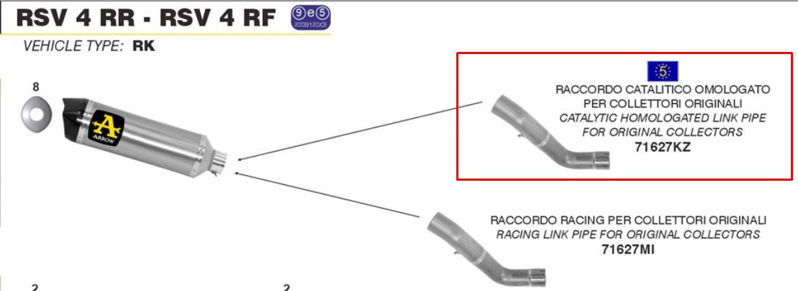 Tube intermédiaire Arrow avec catalyseur en acier inoxydable Aprilia RSV4/RR/RF (15-16) 71627KZ 