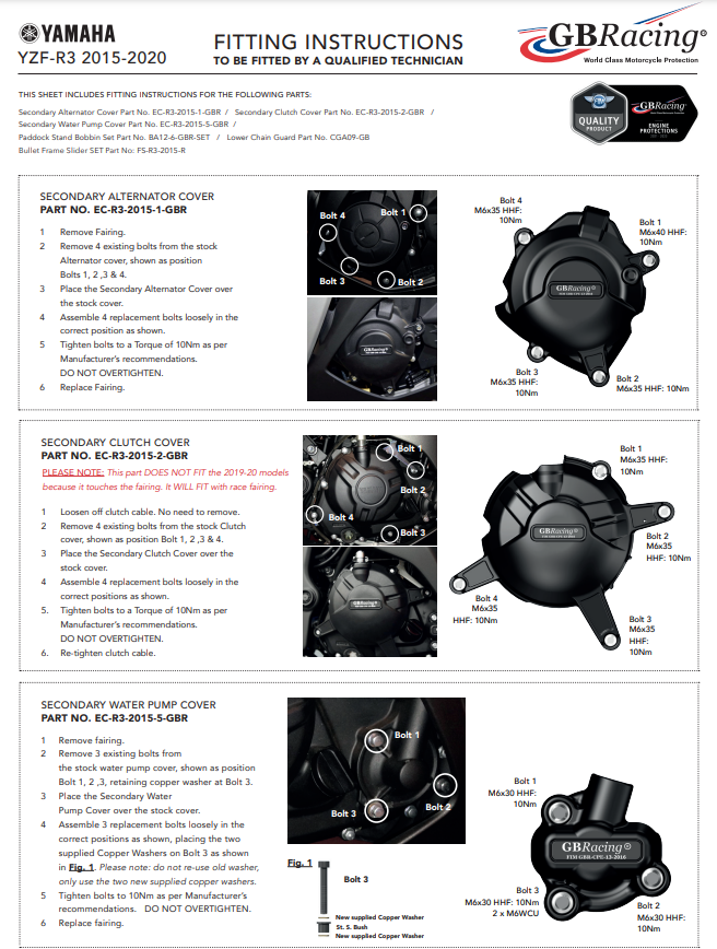 Kit complet de protections de carter moteur GBRacing Yamaha YZF-R3 (15-22) 