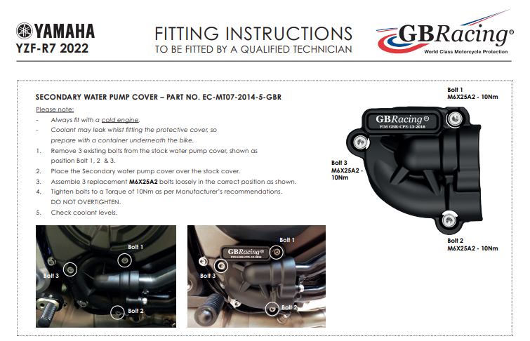 Protection de couverture de pompe à eau GBRacing Yamaha YZF-R7 (22-25) 